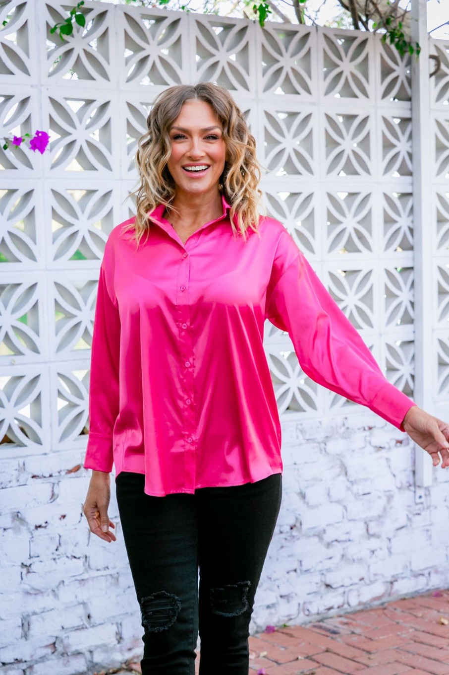 Clothing Proud Poppy Clothing Shirts | Coco Pink Satin Shirt