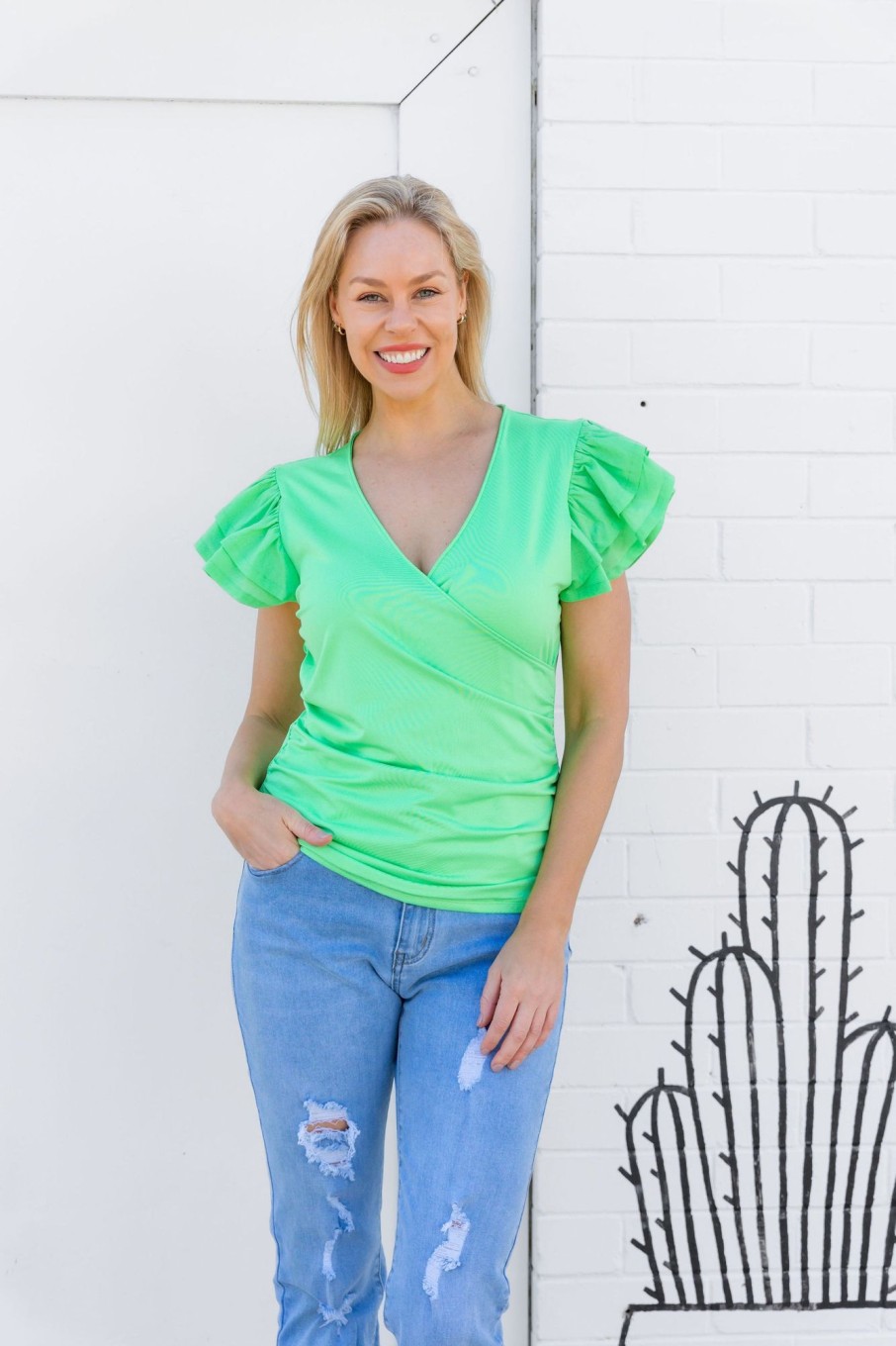 Clothing Proud Poppy Clothing Tops | Clara Frill Sleeve Top In Green