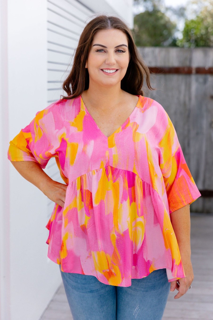 Clothing Proud Poppy Clothing Tops | Millie Peak Top In Pink Bloom By Maggi Mcdonald